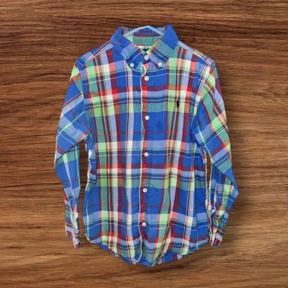 RALPH LAUREN Boys Shirt Blue Check Cotton - Picture 1 of 5
